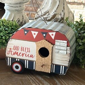 Cottage Farmhouse God Bless America Stars & Stripes Retro Camper Birdhouse